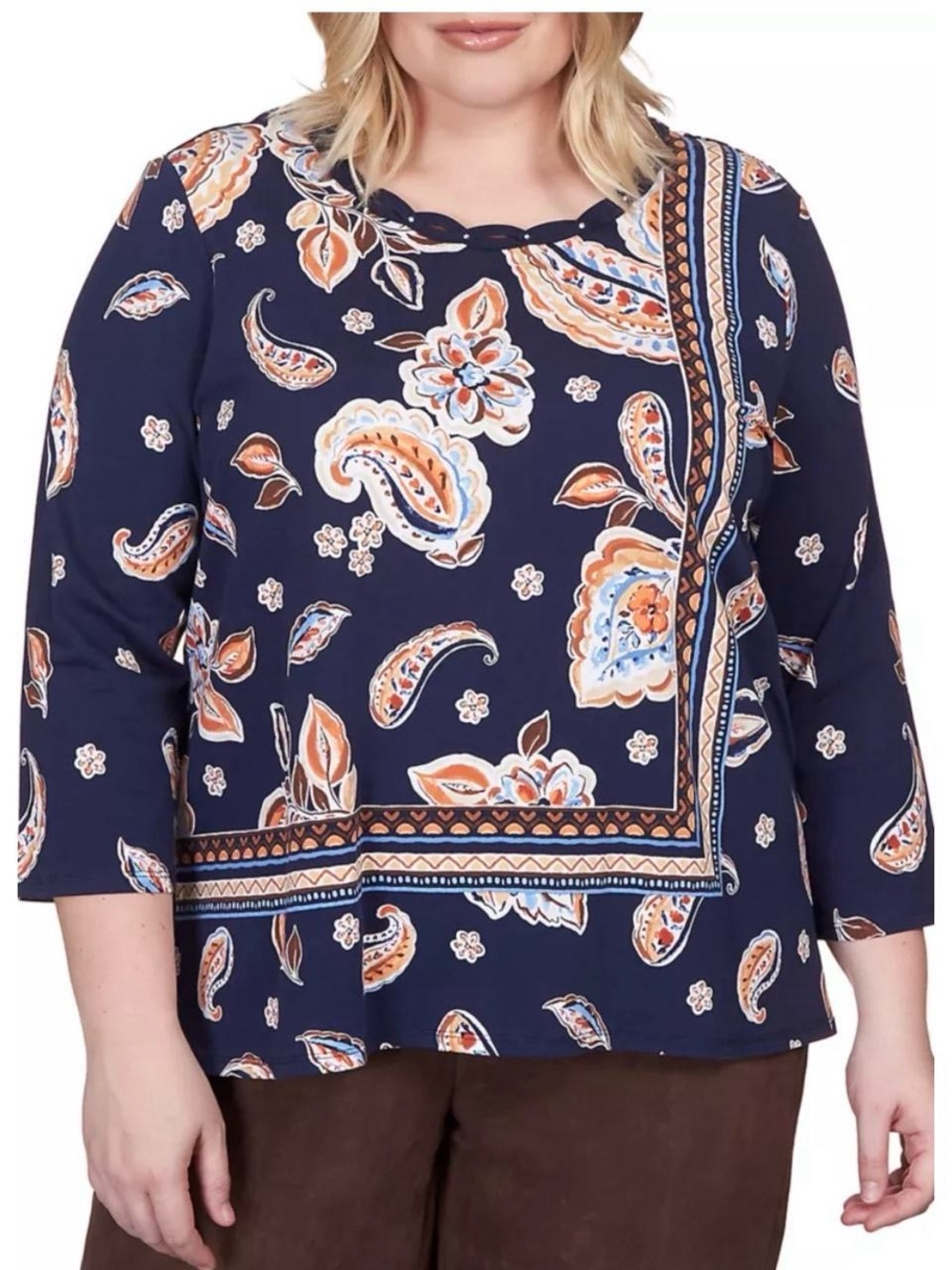 Alfred Dunner Navy Paisley 3/4 Sleeve Border Print Top